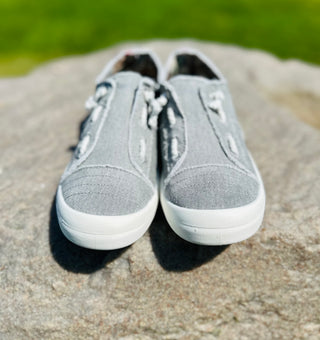 "Beachside" Slip On Canvas Sneaker in Raindrop Grey Twill by Blowfish Malibu Final Sale