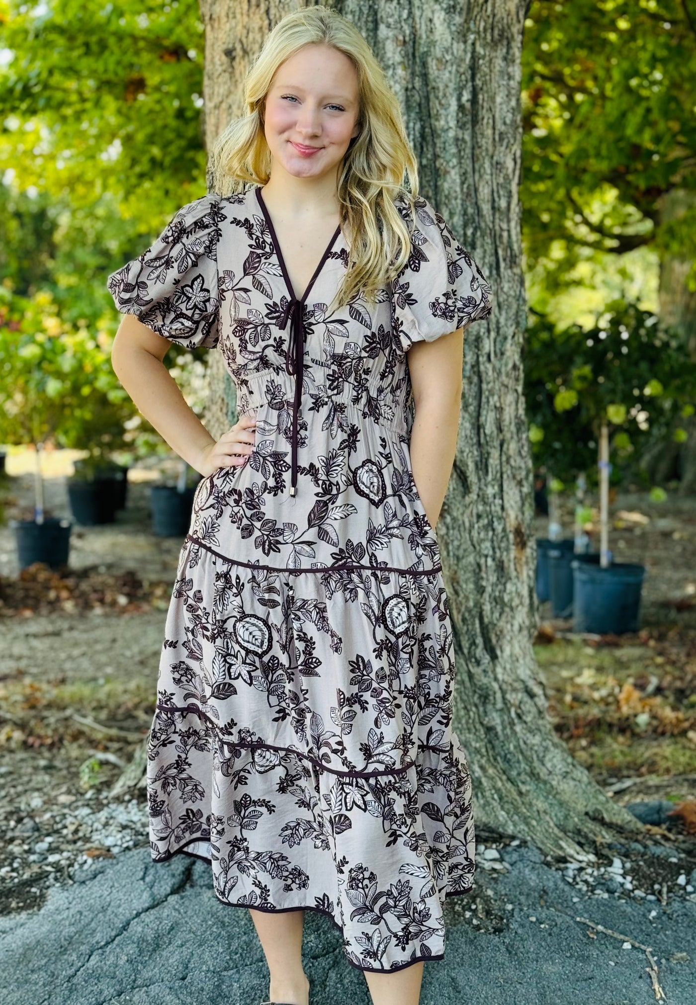 Taupe V-Neck Midi Dress w/ Pockets