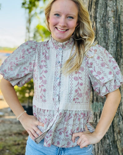 Ecru Floral Print Short Puff Sleeve Top