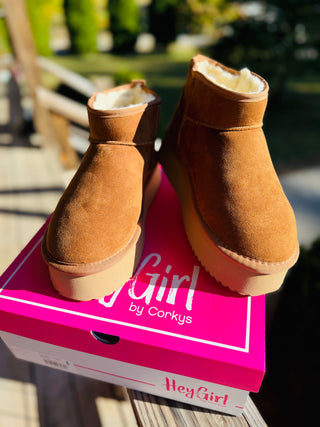 Corkys "Room Service" Platform Booties in Tobacco Faux Suede Final Sale!