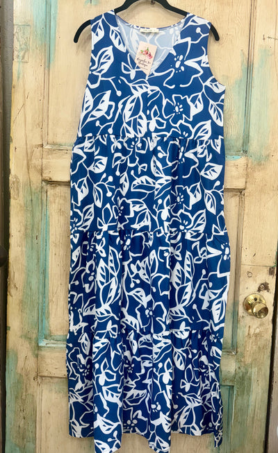 Dusty Blue Tiered Printed V-Neck Sleeveless Dress Final Sale