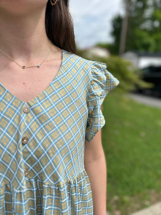 Light Blue Checkered Ruffle Sleeve V-neck Mid Button Dress Final Sale