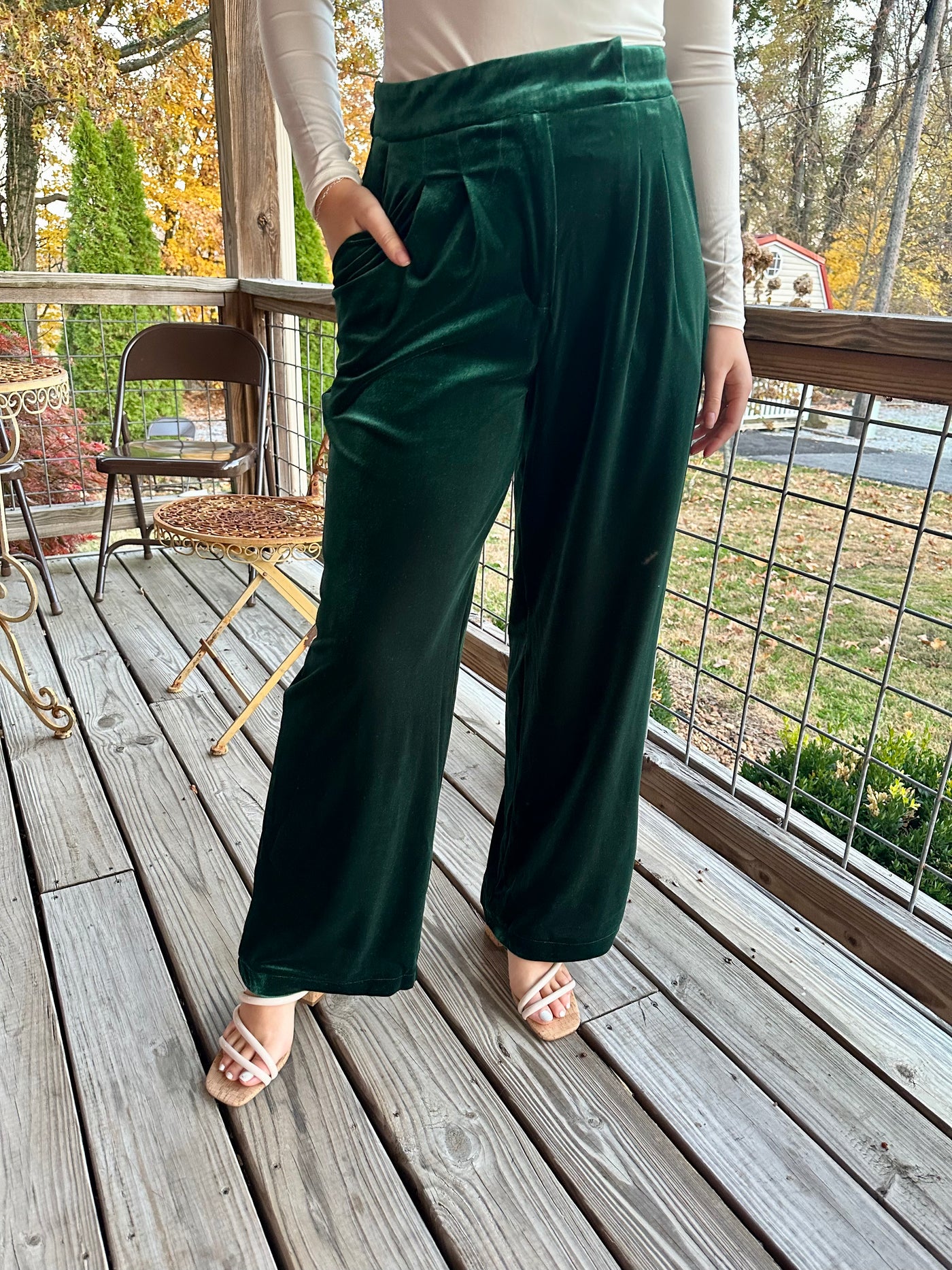 Forest Green High Waist Velvet Holiday Party Marine Straight Pants Final Sale