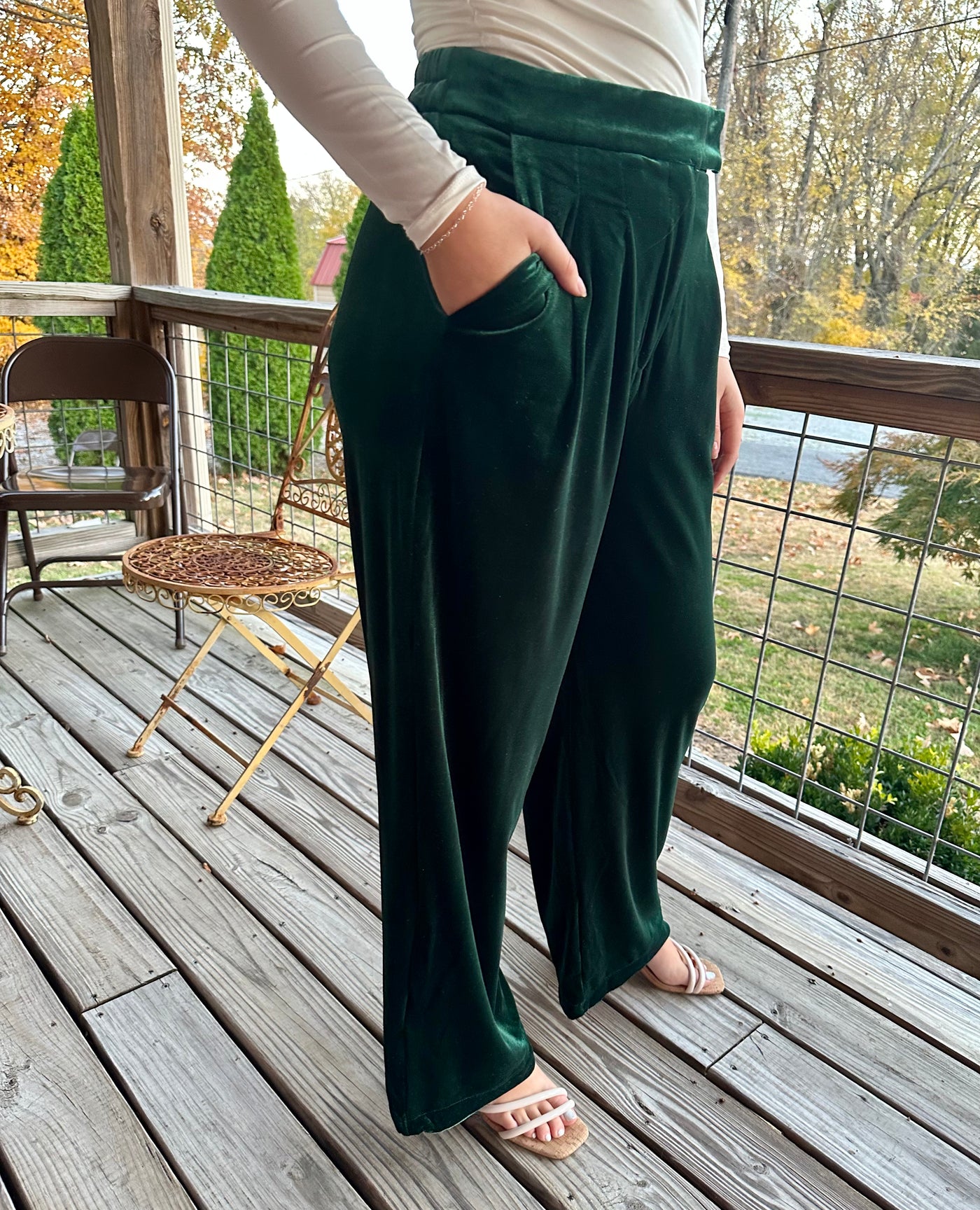 Forest Green High Waist Velvet Holiday Party Marine Straight Pants Final Sale