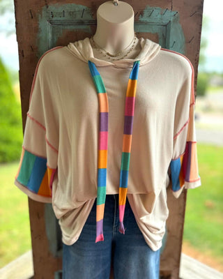 CURVY MULTICOLOR STRIPE PRINT FRENCH TERRY PULLOVER HOODIE Final Sale