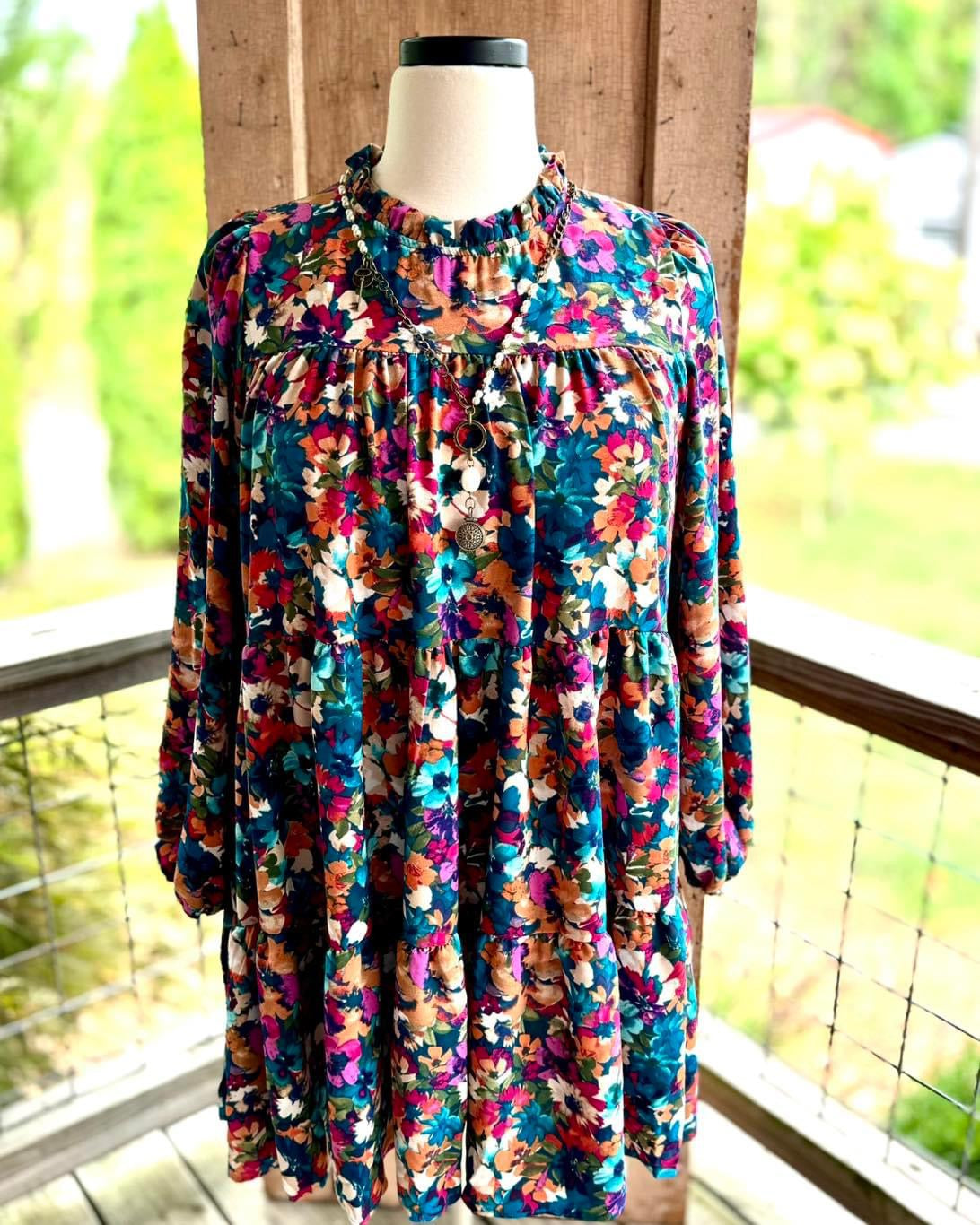 CURVY MOCK NECK KNEE WATER COLOR FLORAL DRESS w/ POCKETS