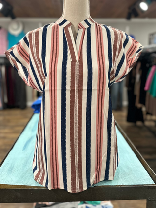Mauve Striped Notched Short Sleeve Shirt Final Sale