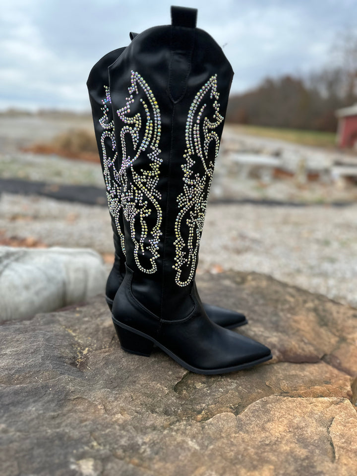BLACK RHINESTONE METALLIC WESTERN COWBOY BOOTS – Magnolia  display picture 2