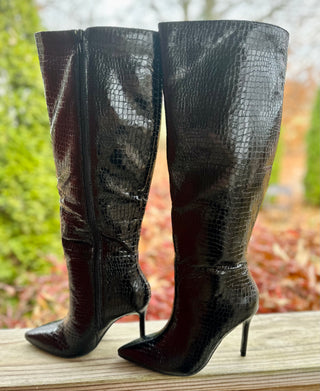 STARSHIP METALLIC CROC POINTY HEEL BOOT in BLACK Final Sale