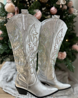 SILVER RHINESTONE METALLIC WESTERN COWBOY BOOTS