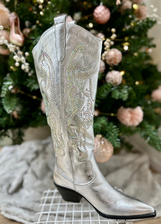 SILVER RHINESTONE METALLIC WESTERN COWBOY BOOTS