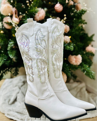 WHITE RHINESTONE METALLIC WESTERN COWBOY BOOTS Final Sale