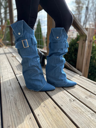 BREAK HEARTS DENIM TWO PIECE COWBOY BOOT W/ REMOVABLE OVERLAP Final Sale