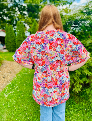 Curvy Printed Notched Neck Half Sleeve Top Final Sale