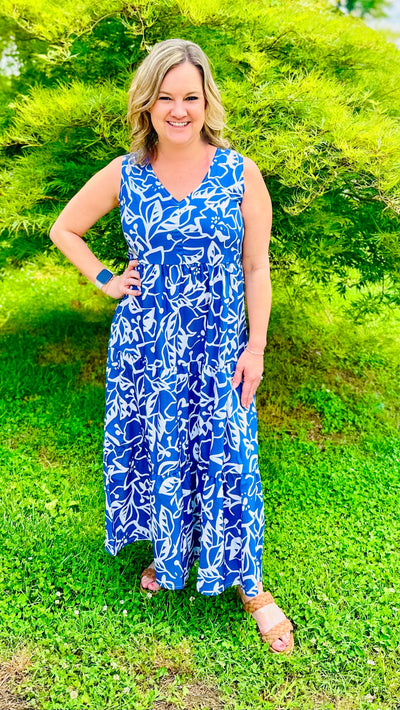 Dusty Blue Tiered Printed V-Neck Sleeveless Dress Final Sale