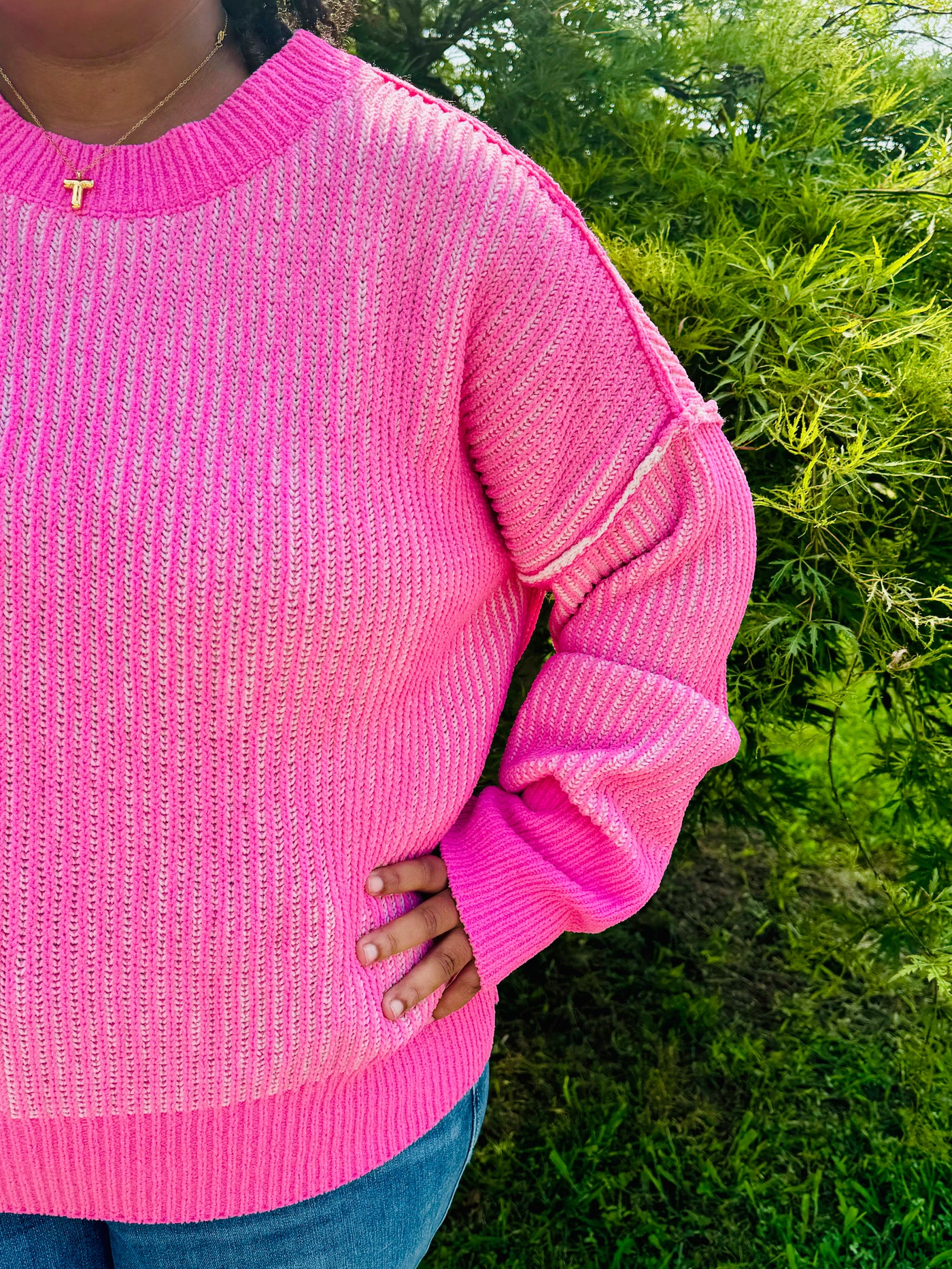 Curvy Pink Two-Tone Casual Sweater Top