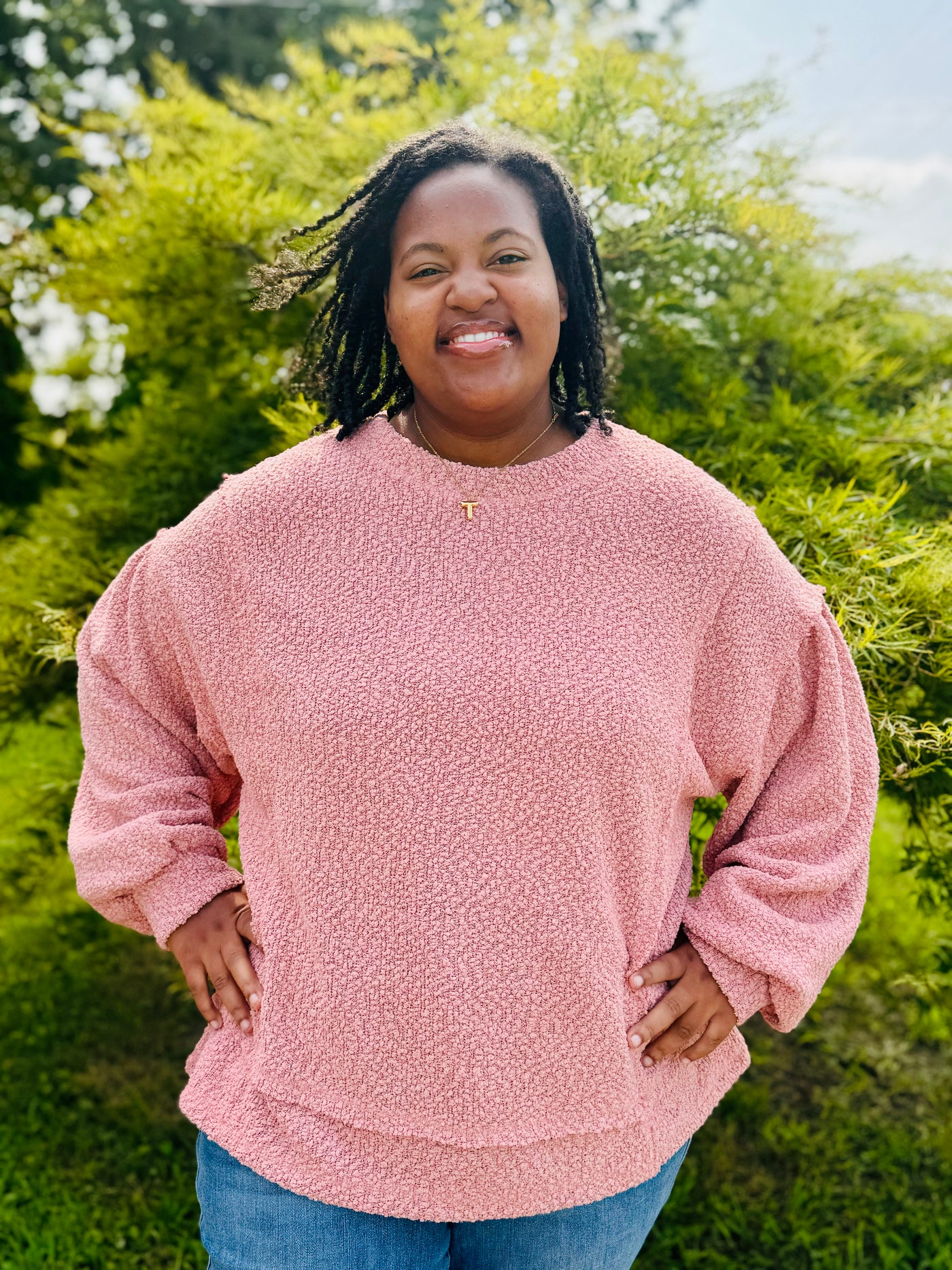 Curvy Blush Round Neck Textured Knit Oversized Top Final Sale