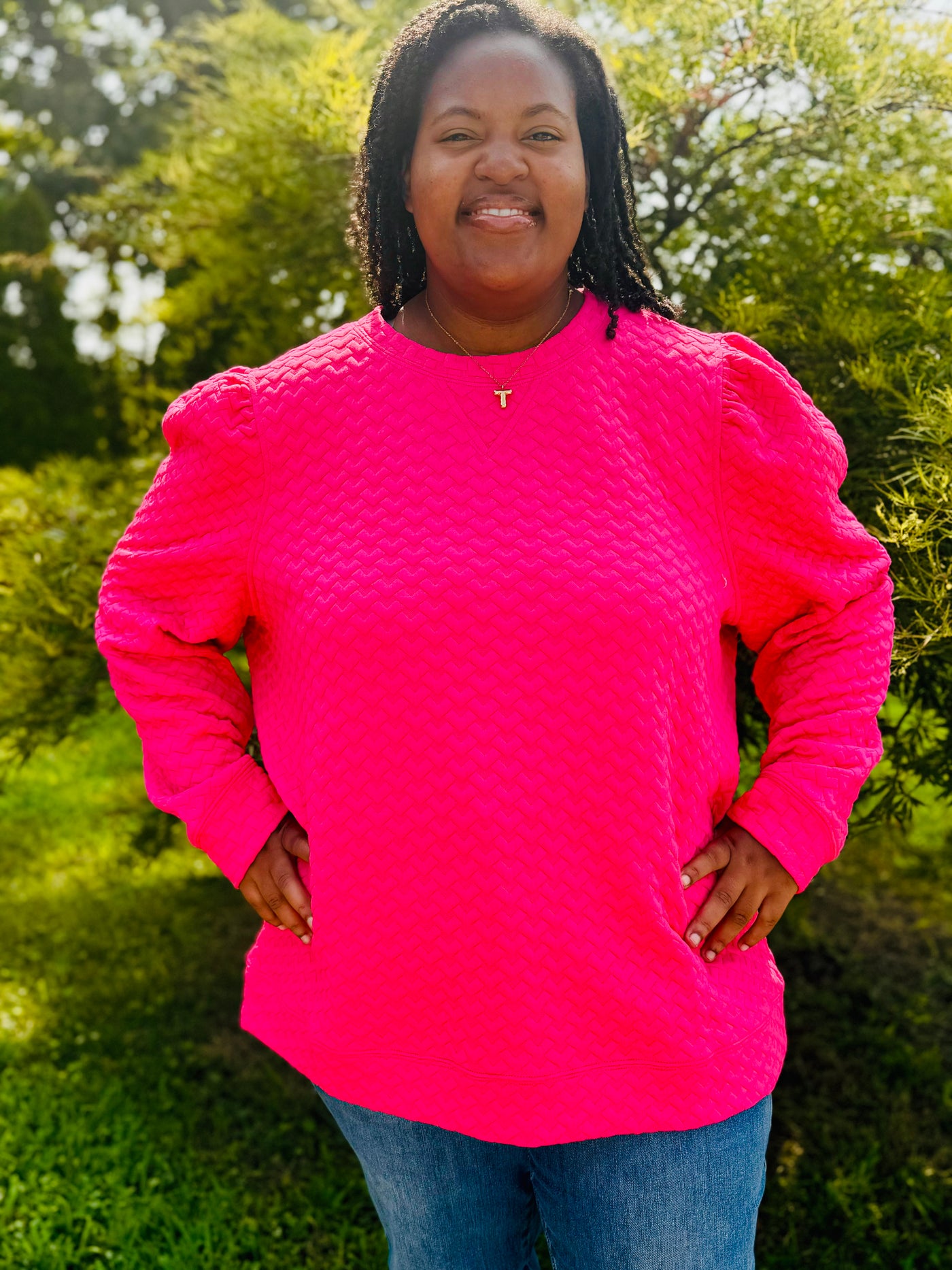 Curvy Hot Pink EMBOSSED FABRIC PUFF SLEEVE TOP