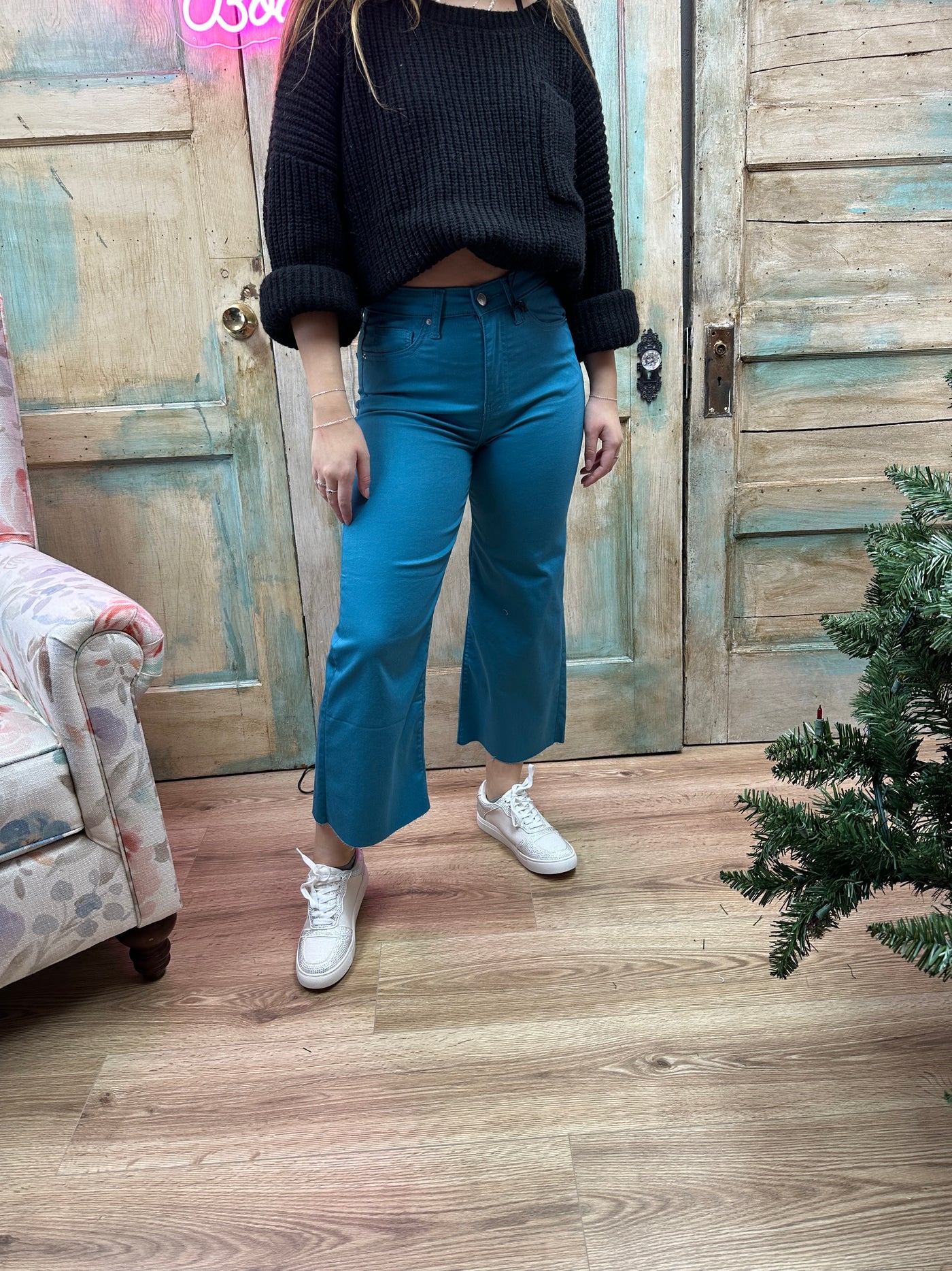 DUSTY TEAL HIGH RISE FLARE CROPPED COLOR DENIM PANTS