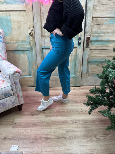 DUSTY TEAL HIGH RISE FLARE CROPPED COLOR DENIM PANTS