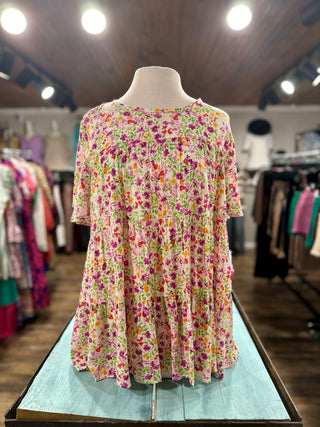 CURVY IVORY SHORT SLEEVE FLORAL PRINT TUNIC BLOUSE Final Sale