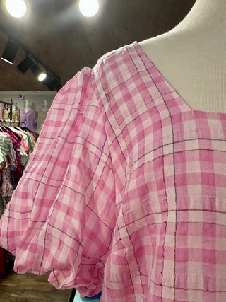 CURVY PINK SHORT PUFF SLEEVE SQUARE NECK PLAID PEPLUM BLOUSE Final Sale