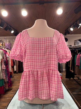 CURVY PINK SHORT PUFF SLEEVE SQUARE NECK PLAID PEPLUM BLOUSE Final Sale