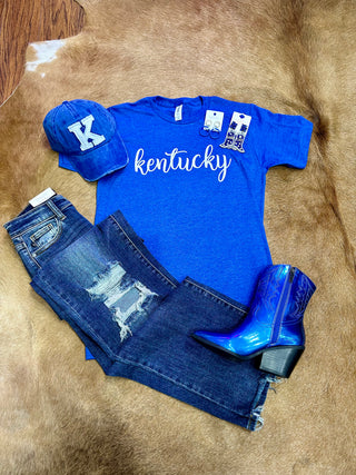 White KY Script on Heather Royal Tee