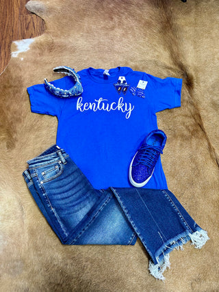 White KY Script on Royal Blue Tee