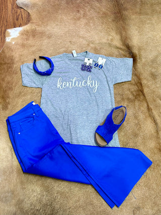 White KY Script V-Neck Tee in Heather Grey