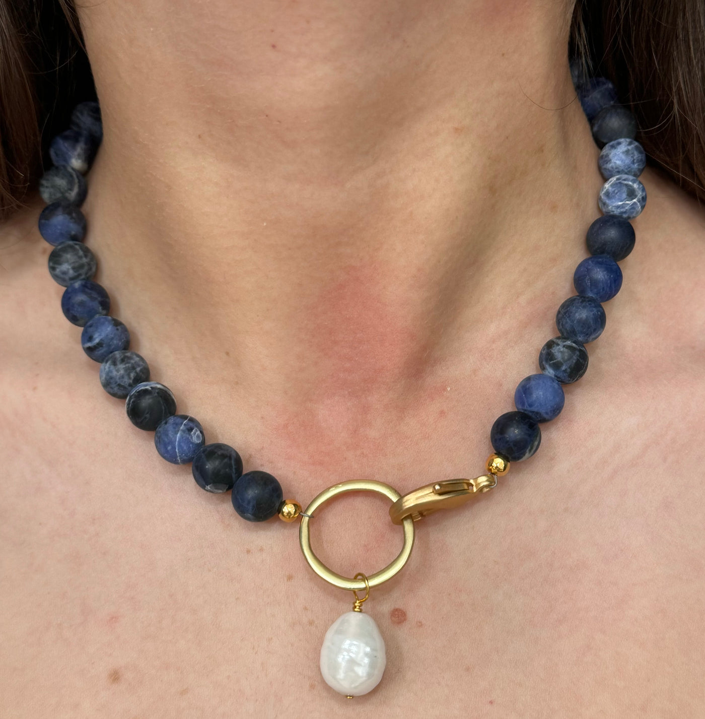 Glam Necklace with Blue Stone and Pearl Accent by Inspire Designs