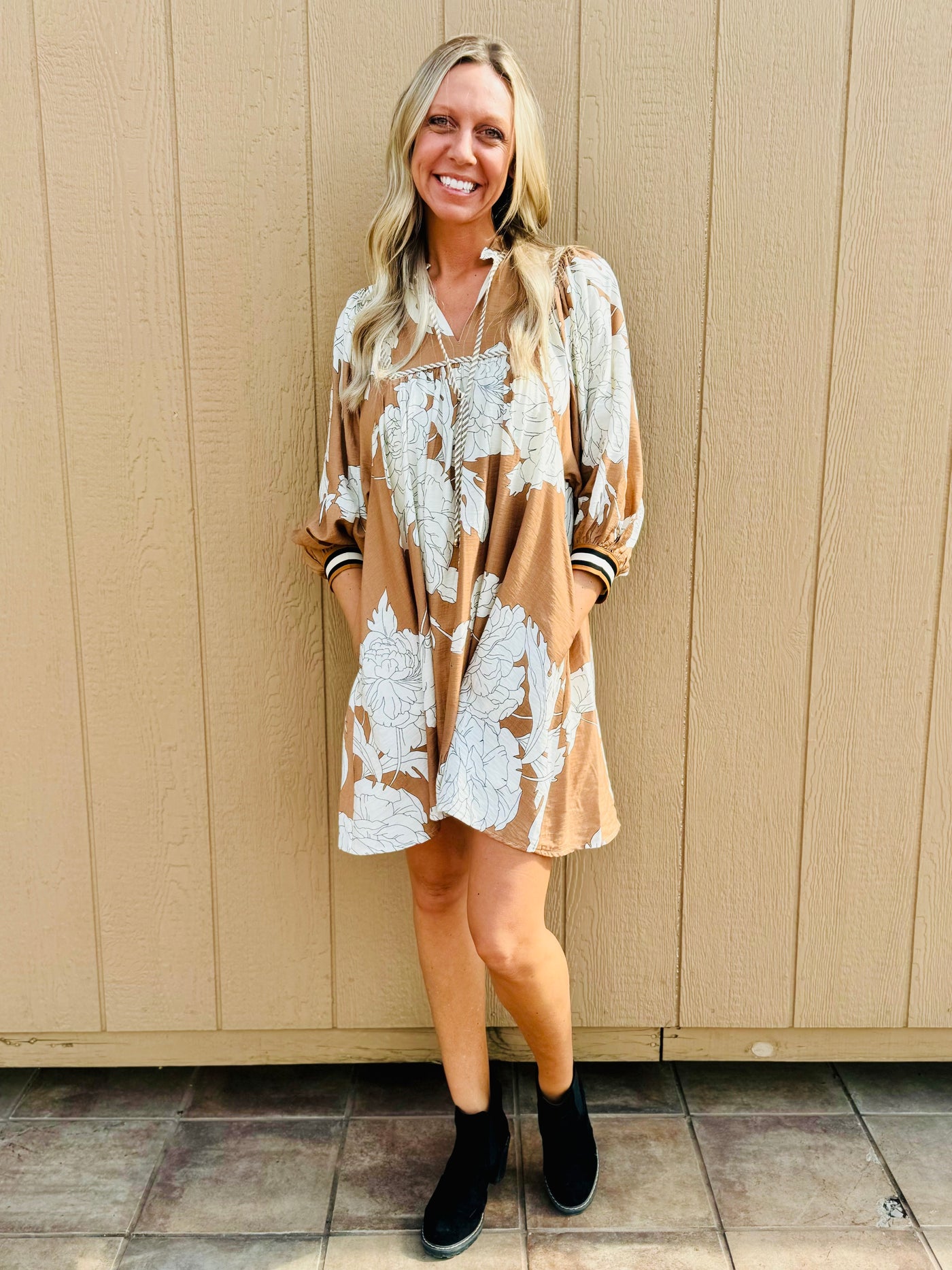 Camel Floral Print Mini Dress w/ Pockets