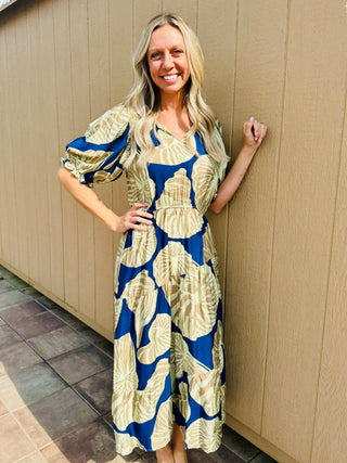 Navy/Olive Floral Print Puff Sleeve Midi Dress Final Sale!