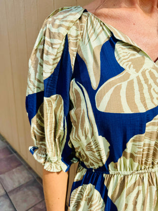 Navy/Olive Floral Print Puff Sleeve Midi Dress Final Sale!