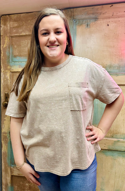 Curvy Taupe Short Sleeve Washed Knit Pocket Tee