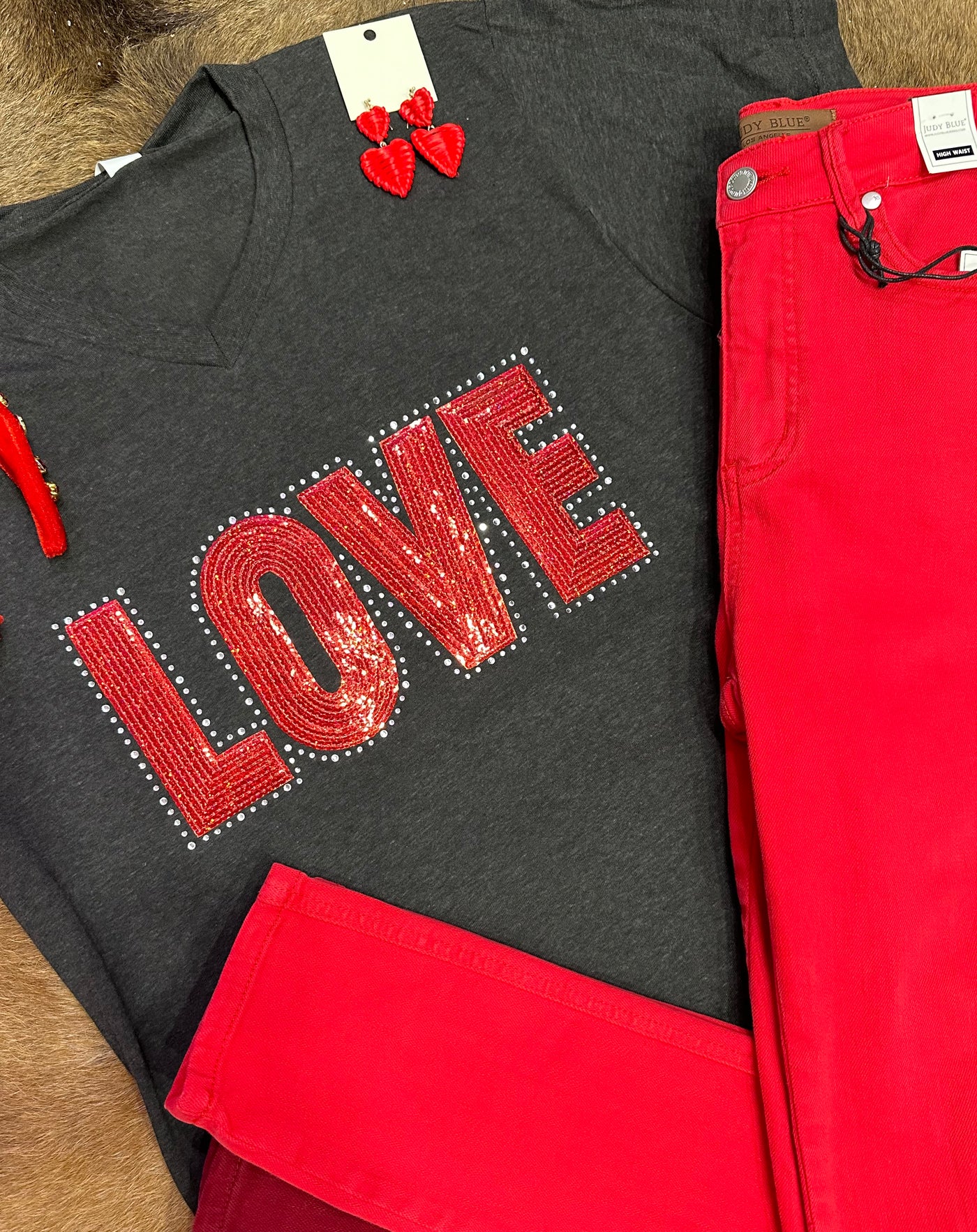 LOVE Sequined V-Neck Tee on Heather Charcoal