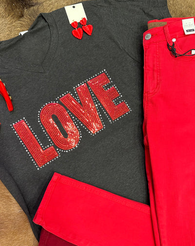 LOVE Sequined V-Neck Tee on Heather Charcoal