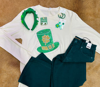 Leprechaun Hat Sequin Long Sleeve Tee on Cream. Final Sale