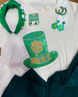 Leprechaun Hat Sequin Long Sleeve Tee on Cream. Final Sale