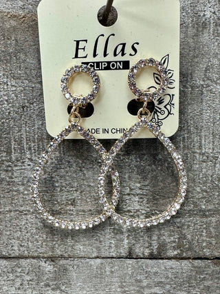 Rhinestone Pave Open Teardrop Link Dangle Clip on Earrings