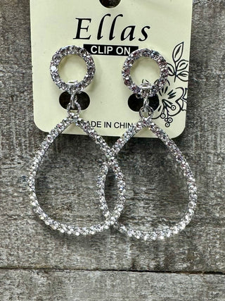 Rhinestone Pave Open Teardrop Link Dangle Clip on Earrings