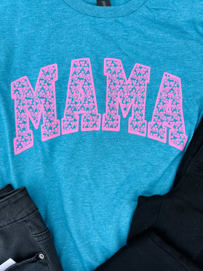 Floral MAMA on Heather Galapagos Blue Tee