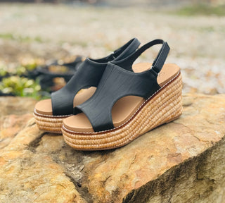 Corkys "Freddie" Wedge Sandal in Black Smooth