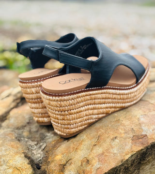 Corkys "Freddie" Wedge Sandal in Black Smooth