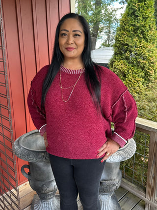 Curvy Cabernet Exposed Seam Round Neck Sweater Final Sale