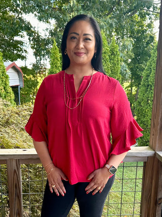 Curvy Red Ruffled Bell Sleeve and Front Pleated Detail Top
