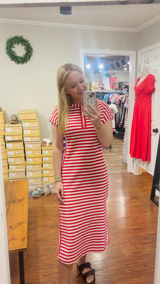 RED STRIPE HENLEY SHORT SLEEVE KNIT MIDI DRESS