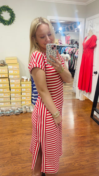 RED STRIPE HENLEY SHORT SLEEVE KNIT MIDI DRESS