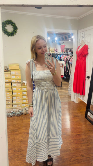 Blue Stripe Smocked Tie Strap Basque Waist Maxi Dress FINAL SALE