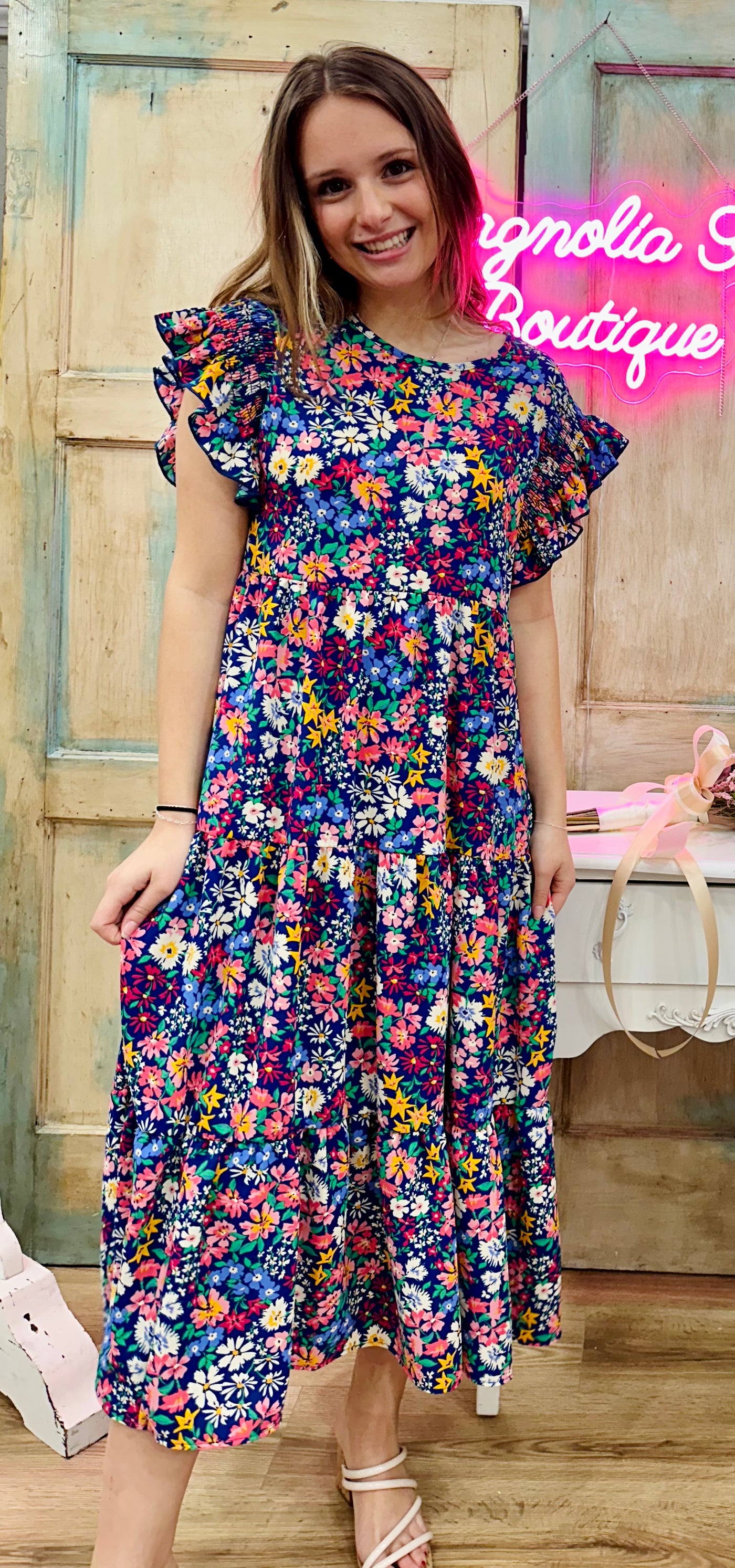 RUFFLE MAXI LENGTH FLORAL WOVEN DRESS